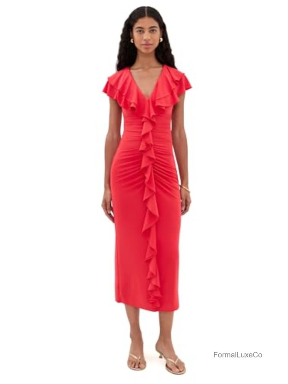 Matte Jersey Ruffle Midi Cocktail Dress V-Neck Flutter Sleeve Midi